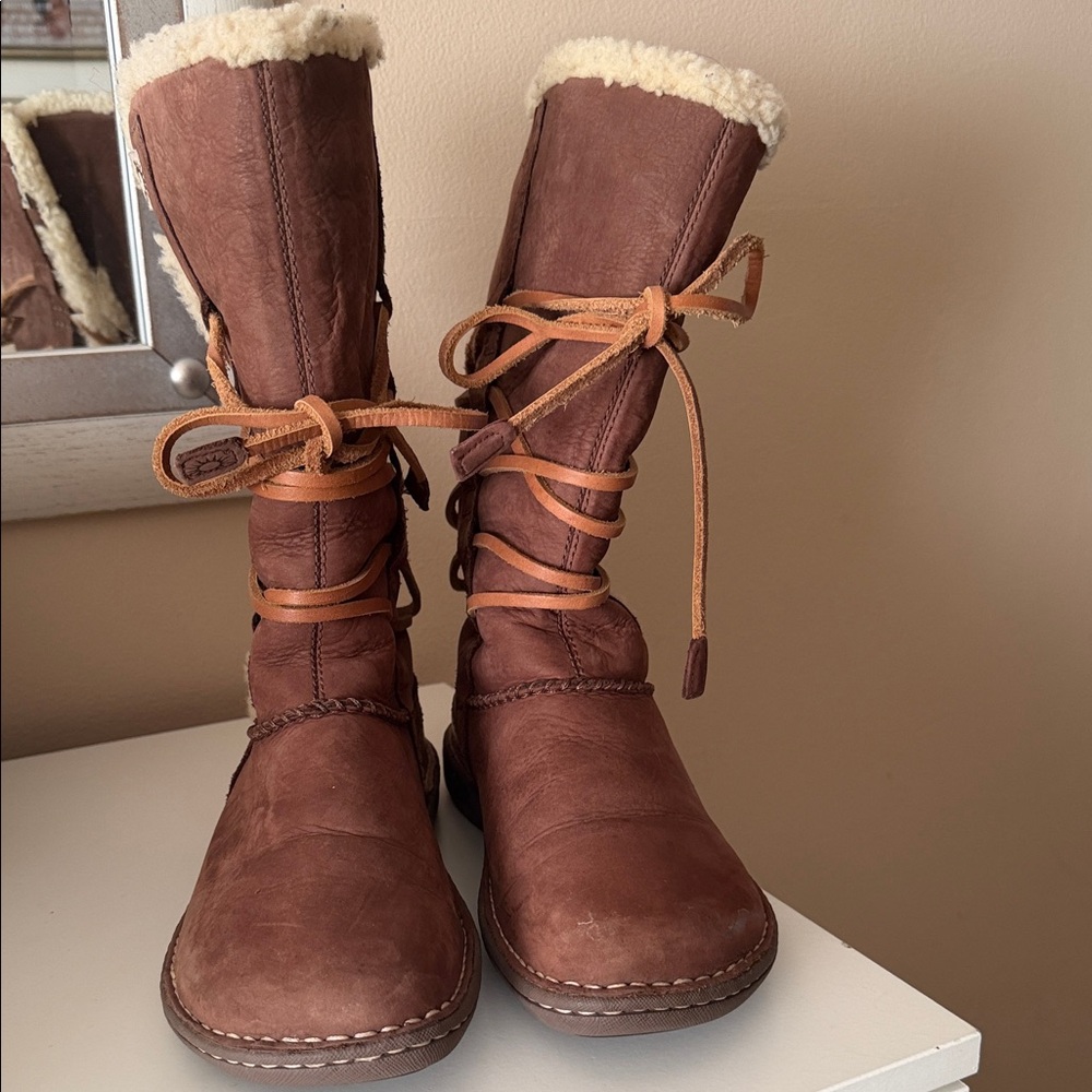 UGG Women's Tan Shearling Lace-Up Boots - Picture 2 of 7